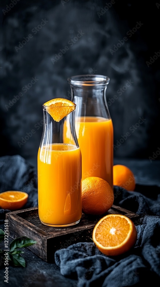 Freshly squeezed orange juice in glass bottles with sliced oranges on a dark background Freshly squeezed orange juice in glass bottles with sliced oranges on a dark background
