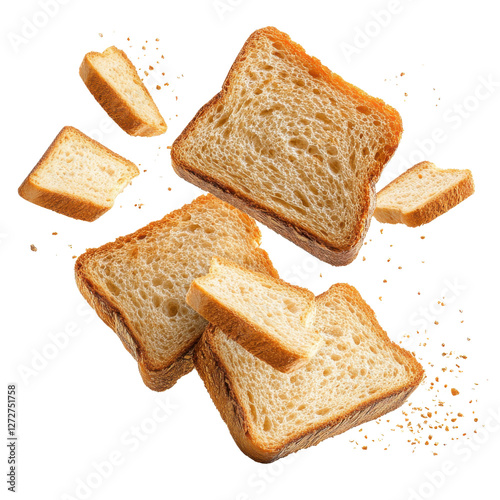 Toasted bread pieces flying mid-air, isolate on white background. cutout png.