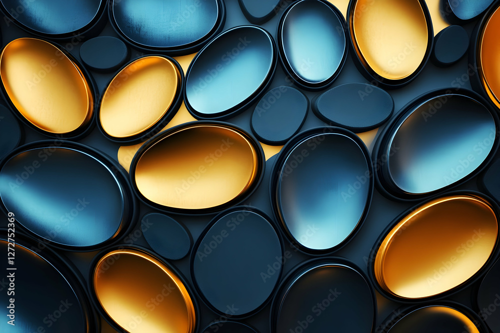 3D abstract background with metallic gold and blue colors, arranged in an elegant pattern of circles and oval-shaped forms. 3D abstract background with metallic gold and blue colors, arranged in an elegant pattern of circles and oval-shaped forms.