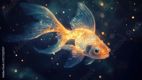 A glowing goldfish swims gracefully in a mystical underwater scene.