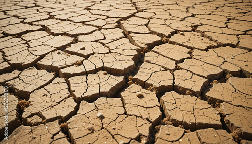 A cracked desert floor, showcasing intricate dried mud patterns and deep fissures, highlighting the effects of extreme heat and arid conditions. photo