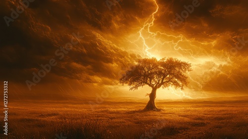 Lonely tree amidst apocalyptic lightning storm.