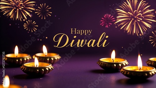 Happy Diwali with Golden Diya Lamps Glowing Softly Creating a Festive and Spiritual Atmosphere