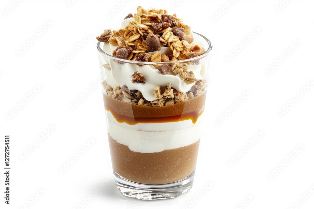 Delicious Layered Dessert with Cream, Caramel, and Granola Topping Delicious Layered Dessert with Cream, Caramel, and Granola Topping