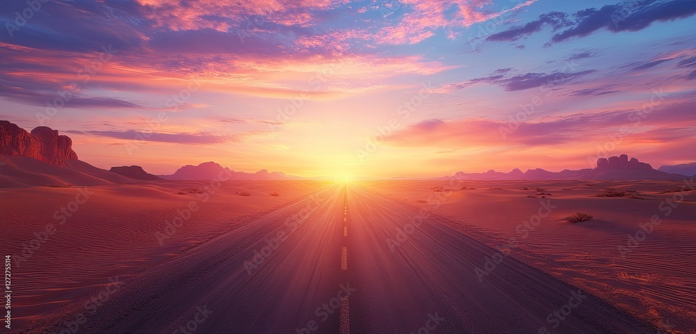 A desert road leading into a colorful sunset, with warm hues reflecting off the sand. The road stretches into the distance, leading towards a vibrant sunset. A desert road leading into a colorful sunset, with warm hues reflecting off the sand. The road stretches into the distance, leading towards a vibrant sunset.