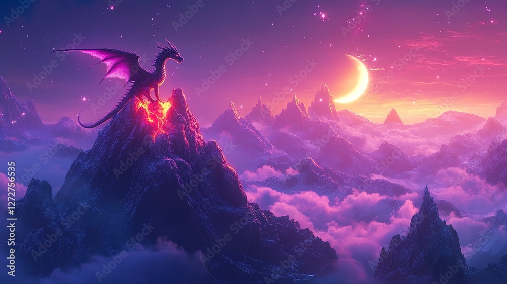 Fototapeta premium A fantasy landscape with a dragon perched on a glowing mountain peak 