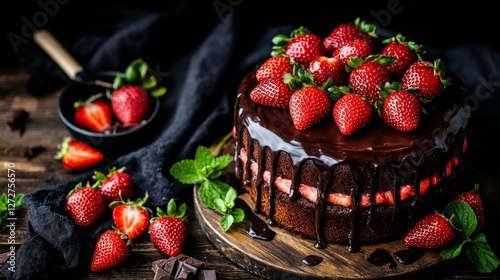 Indulgent chocolate cake topped with fresh strawberries and mint on a rustic table