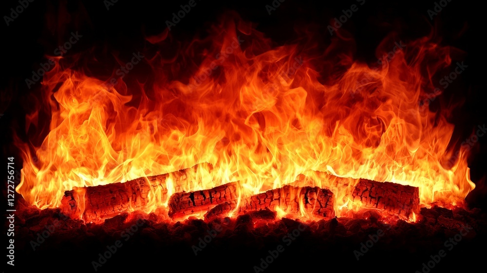 Intense flames dancing around logs in a cozy fireplace, creating warmth and ambiance Intense flames dancing around logs in a cozy fireplace, creating warmth and ambiance