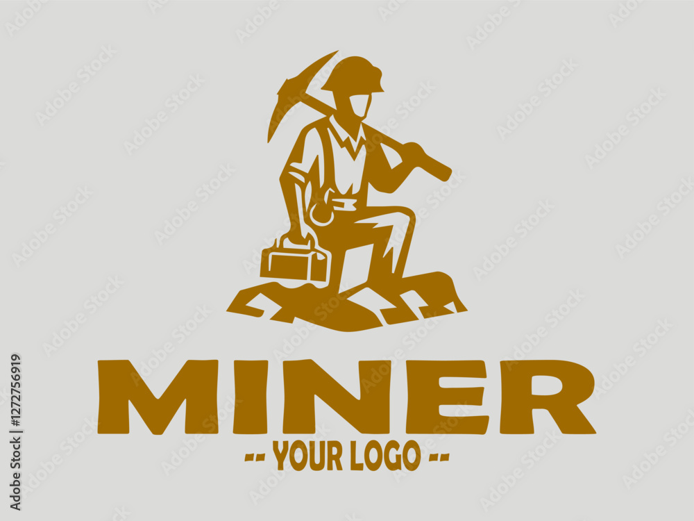 Miner holding symbol mined from rocks drawing, logo miner worker silhouette, miner with helmet and headlamp in vector illustration art Miner holding symbol mined from rocks drawing, logo miner worker silhouette, miner with helmet and headlamp in vector illustration art