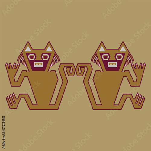 Symmetrical ethnic design with two stylized cats. Native American animal motif from ancient Peru. Nazca culture.