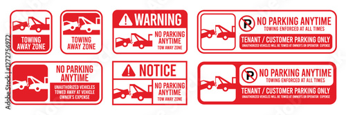 Towing sign set. Truck towing car service signage, signboard, sign, icon, logo. No parking, tow away zone, private parking, towing enforced. Vector Illustration.