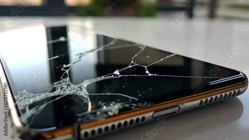Smartphone with severely cracked screen and corner damage
