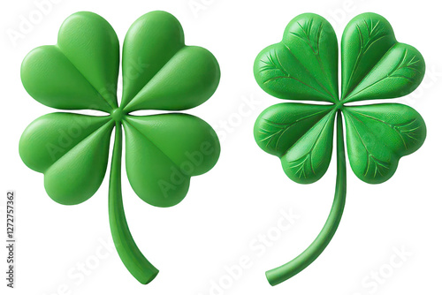 Two green clover leaf in 3d style with four petals on a transparent background, Cut out photo