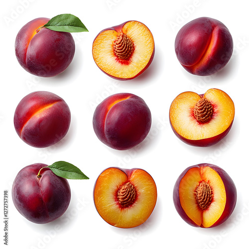 Fresh Pluots: Whole and Halved on White Background photo