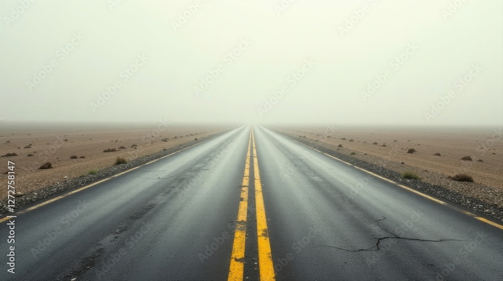 Fototapeta premium A misty, desolate highway stretches endlessly into the fog, a lonely road vanishing into the gray horizon, conveying a sense of mystery and solitude.