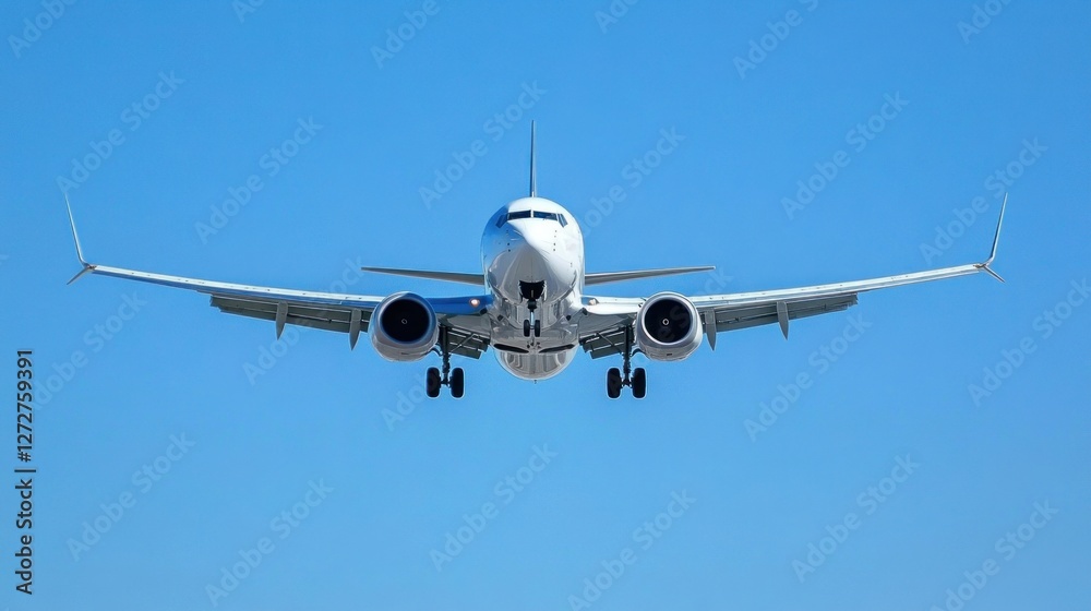 A commercial airplane approaching for landing against a clear blue sky. A commercial airplane approaching for landing against a clear blue sky.