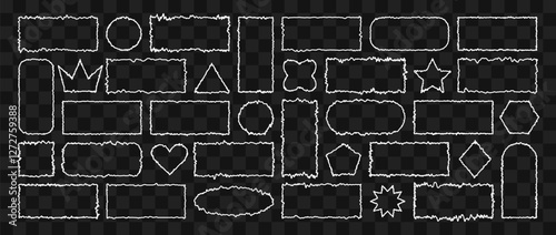 White rectangle form with jagged edges. Ripped and cutout paper torn strip. Set of Outline Grunge Frames. Vector illustration isolated on transparent background.