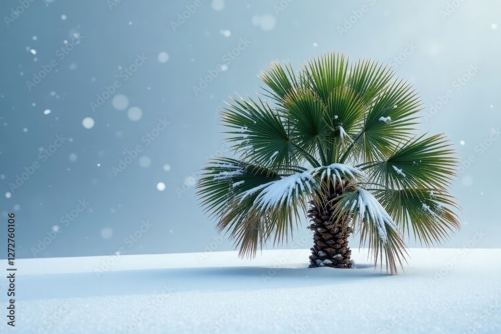 Obraz premium A Yucca palm buried under the blanket of fresh snow, calm, snowfall