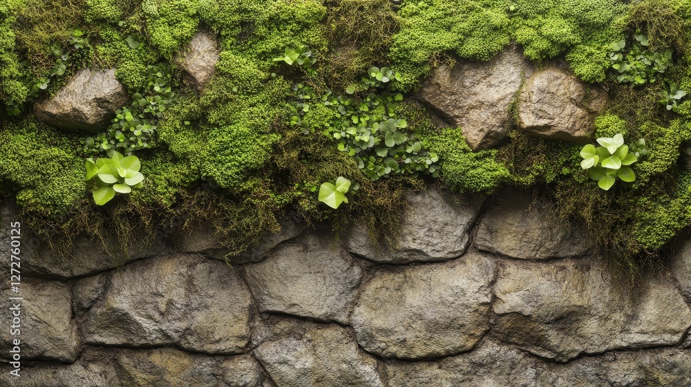 Lush Green Moss and Plants Growing on Textured Stone Wall Nature Background Lush Green Moss and Plants Growing on Textured Stone Wall Nature Background