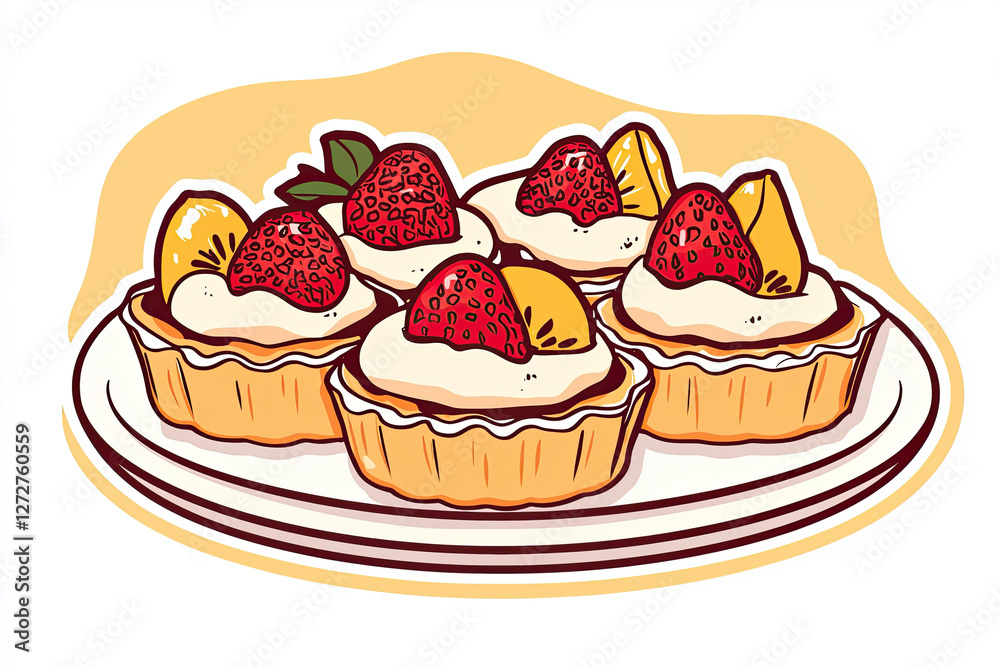 Delicious fruit tarts with strawberries and cream on plate Delicious fruit tarts with strawberries and cream on plate