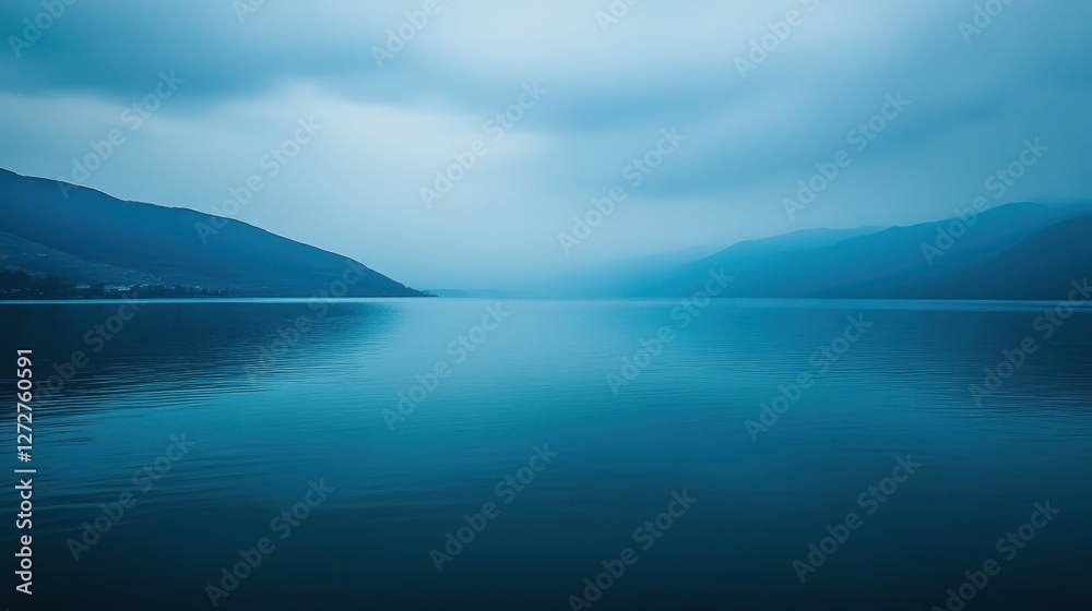 Calm Serene Waters Under Overcast Sky in Mountainous Landscape Calm Serene Waters Under Overcast Sky in Mountainous Landscape