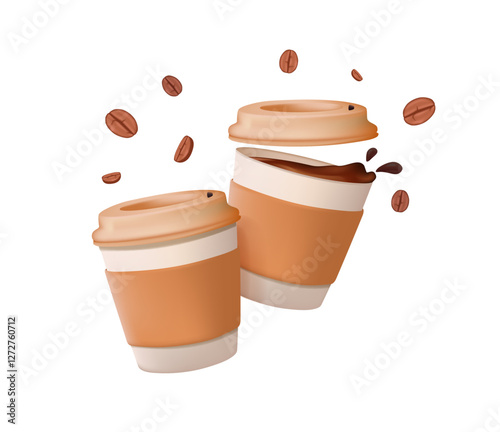Flying Coffee paper cups with coffee and coffee beans around, 3D. Cartoon, coffee to go, coffee delicious hot drinks. Espresso, americano cup, cappuccino and latte in paper mug. Vector illustration 3D