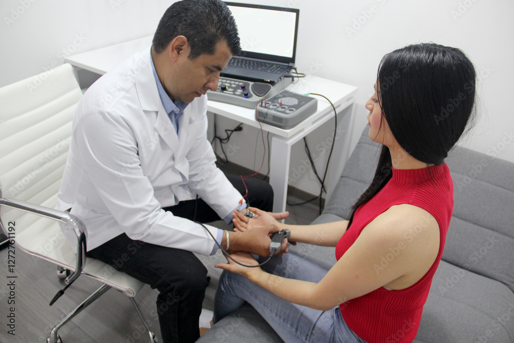 Obraz premium Dark-skinned Latino neurologist specialist doctor does electromyography and somasensory evoked potentials on hand and arm of female patient