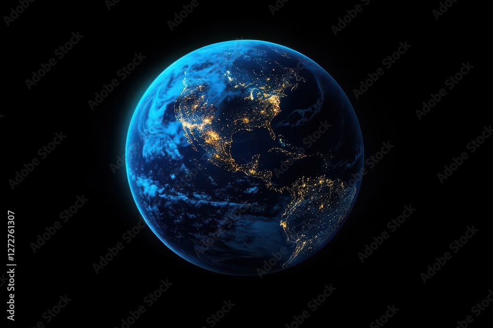 A breathtaking scene of Earth powered entirely by renewable energy, glowing at night A breathtaking scene of Earth powered entirely by renewable energy, glowing at night