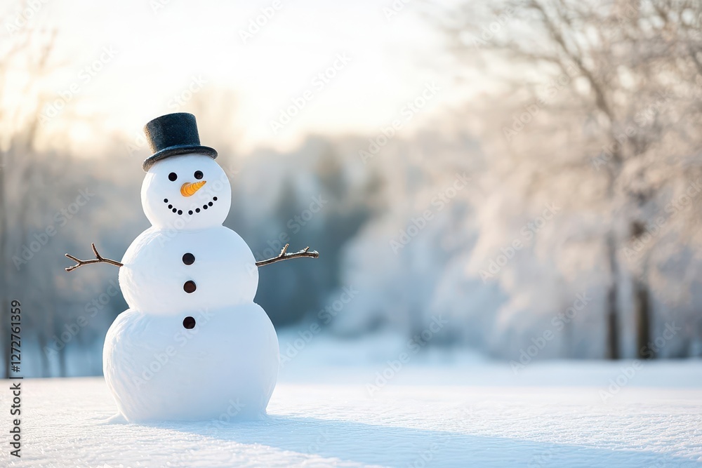 A cheerful snowman stands in a snowy landscape, surrounded by frosted trees and soft sunlight, evoking a joyful Christmas spirit Ample copy space above for text A cheerful snowman stands in a snowy landscape, surrounded by frosted trees and soft sunlight, evoking a joyful Christmas spirit Ample copy space above for text