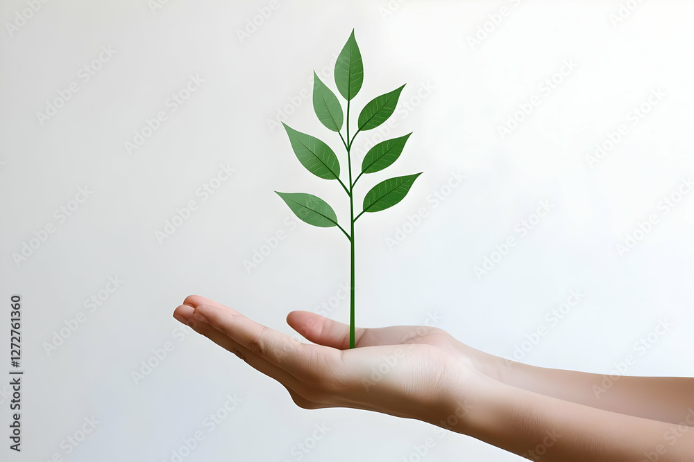 Hands holding sapling, growth, white background, nature conservation Hands holding sapling, growth, white background, nature conservation