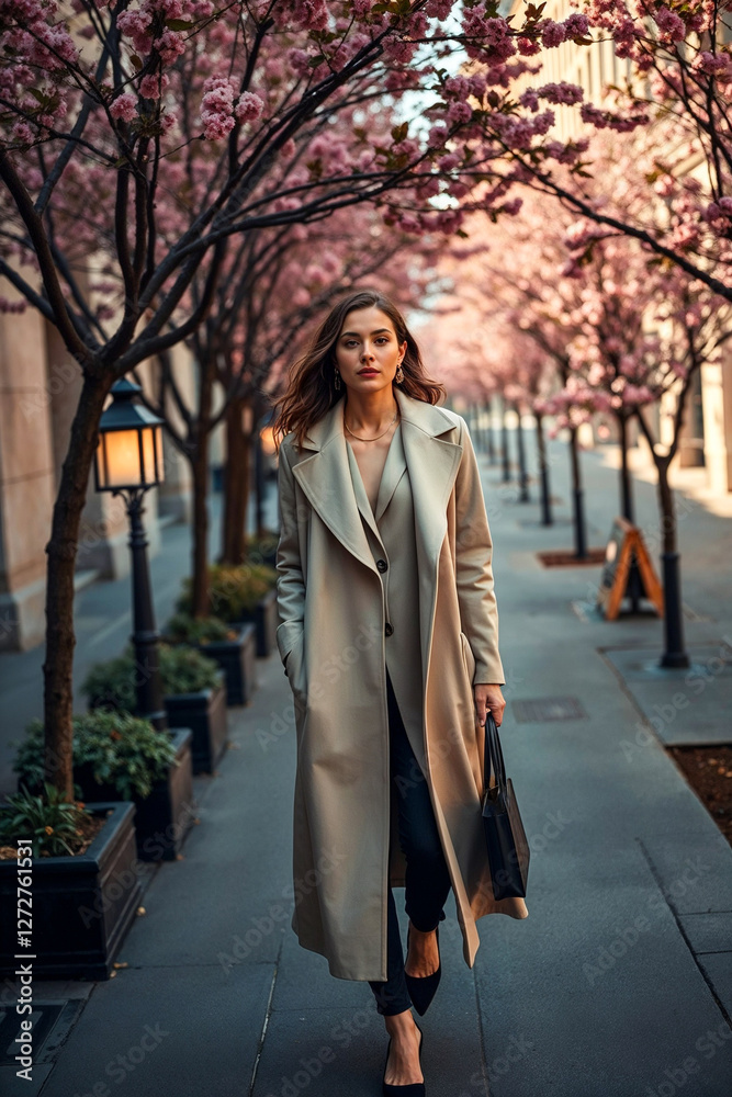 Fototapeta premium City Walk: Elegant Woman Explores Springtime City