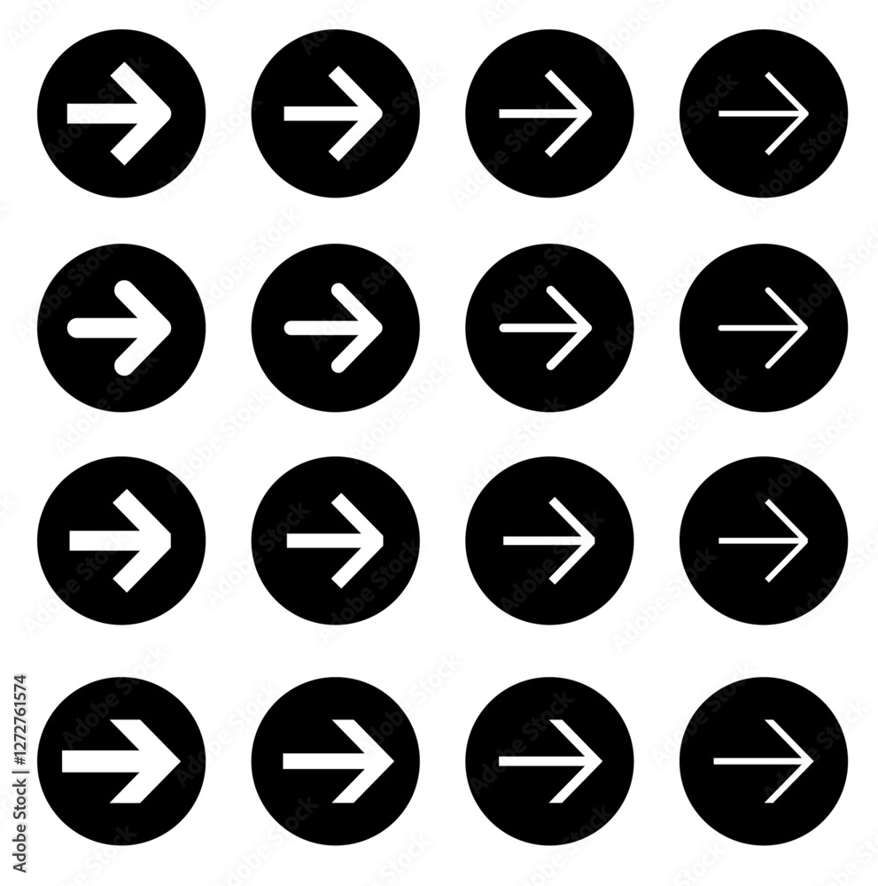 Set of Arrows with White Background in different stroke style and weight over a black icon background Set of Arrows with White Background in different stroke style and weight over a black icon background