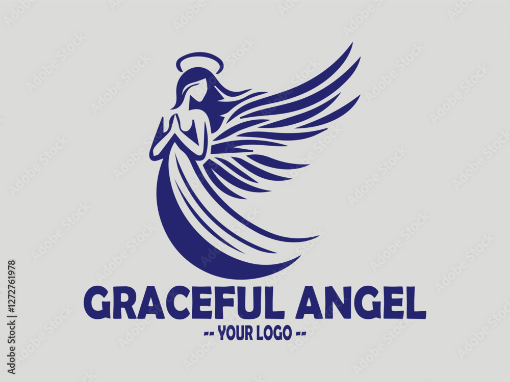 Fototapeta premium elegant angel line art vector illustration, graceful dark blue illustration of an angel with flowing wings, minimalist angel wings vector for spiritual and memorial logos. elegant angel in prayer