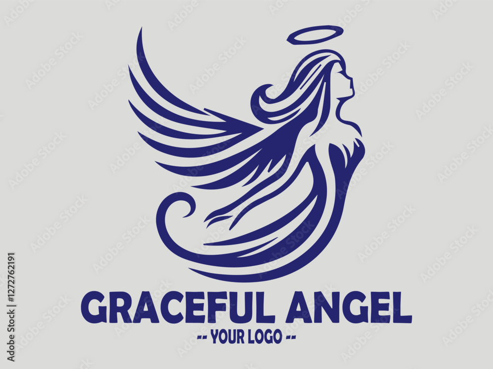 Fototapeta premium elegant angel line art vector illustration, graceful dark blue illustration of an angel with flowing wings, minimalist angel wings vector for spiritual and memorial logos. elegant angel in prayer
