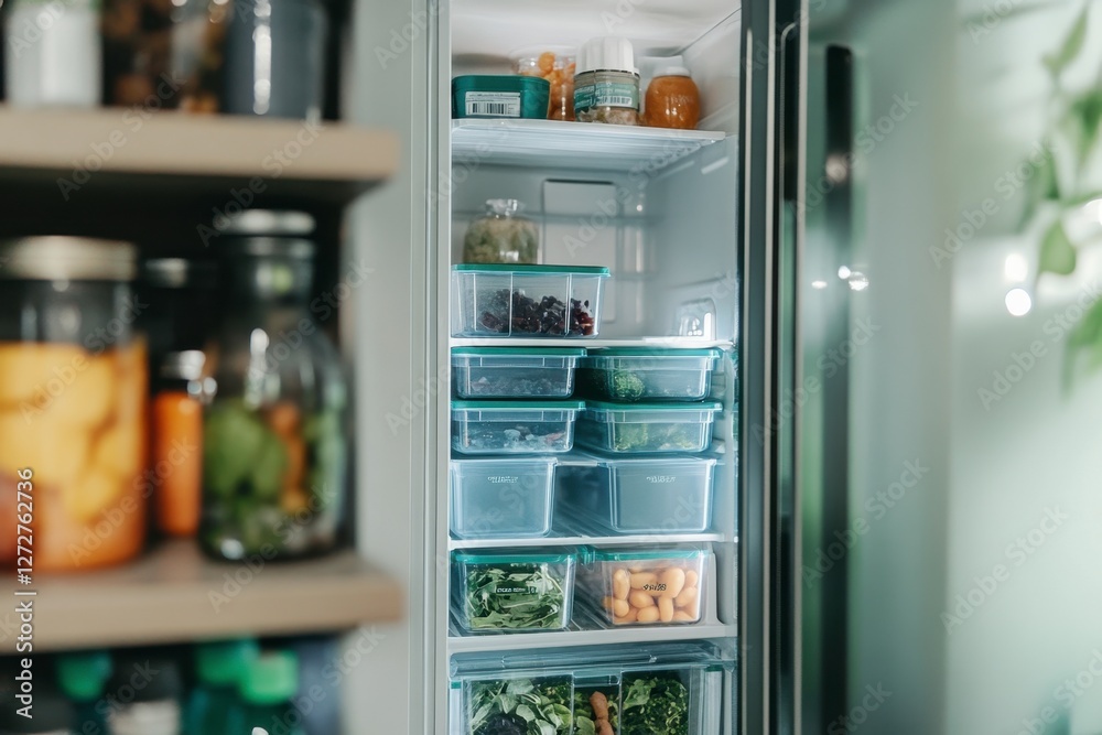 Organized Refrigerator with Fresh Vegetables and Jars of Ingredients Organized Refrigerator with Fresh Vegetables and Jars of Ingredients