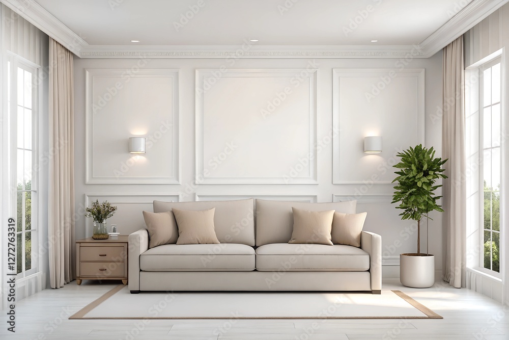 Fototapeta premium Interior Living Room, Empty Wall Mockup In White Room With Sofa, 3d Render Real Room Mockup photo