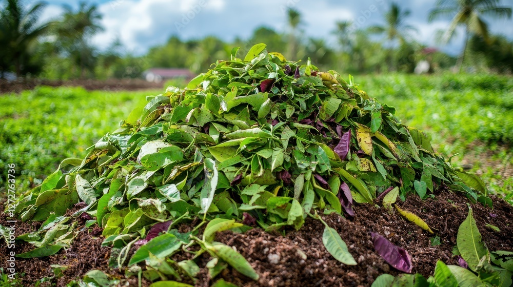 Obraz premium Fresh Organic Green Leaves Compost Heap in Sunny Agricultural Field