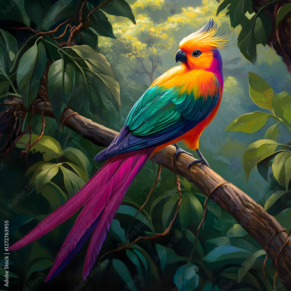 Fototapeta premium A vibrant rainbow-colored bird with a long, elegant tail perched gracefully on a tree branch, surrounded by lush green leaves