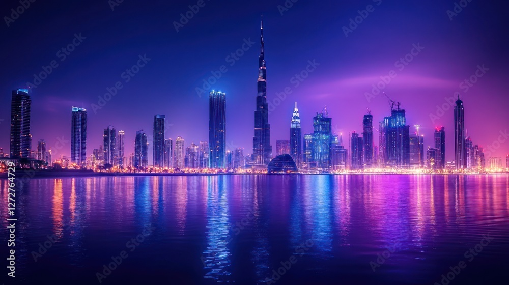 Obraz premium Night skyline featuring illuminated buildings and reflections on water.