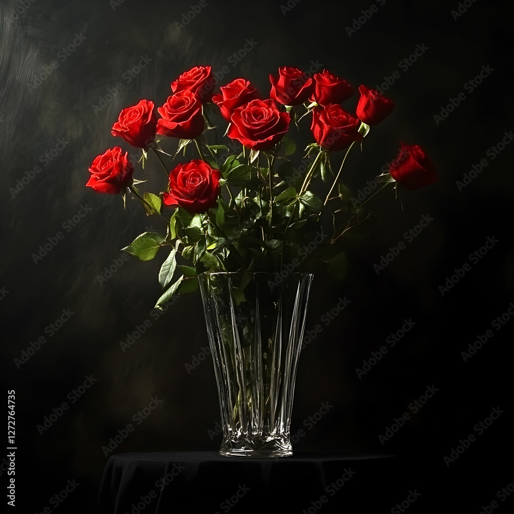 Obraz premium A vase filled with red roses on a black background