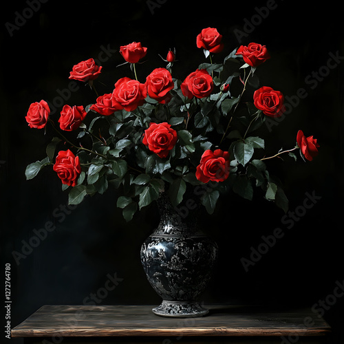 A vase filled with red roses on a black background