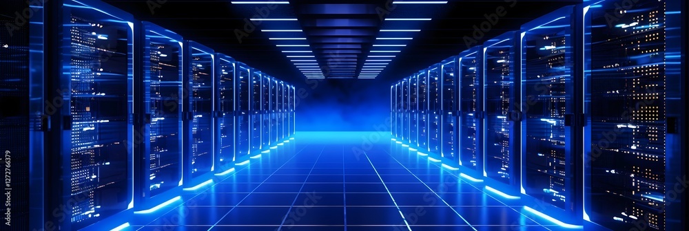 Futuristic High tech Data Center with Rows of Glowing Blue Servers and Interconnected Network Cables in a Modern Efficient and Secure IT Infrastructure Futuristic High tech Data Center with Rows of Glowing Blue Servers and Interconnected Network Cables in a Modern Efficient and Secure IT Infrastructure