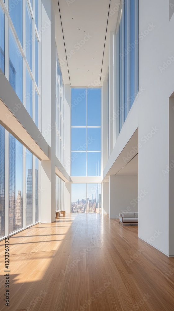 Fototapeta premium Modern interior of a spacious, sunlit high-rise building with city skyline views