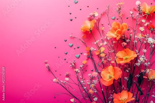 Artistic Women's Day design with abstract flowers and tiny hearts on a vibrant pink background.