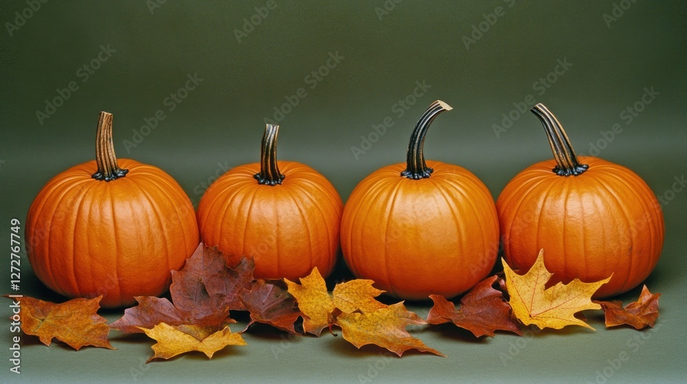 A display of four pumpkins surrounded by autumn leaves on a green background. A display of four pumpkins surrounded by autumn leaves on a green background.