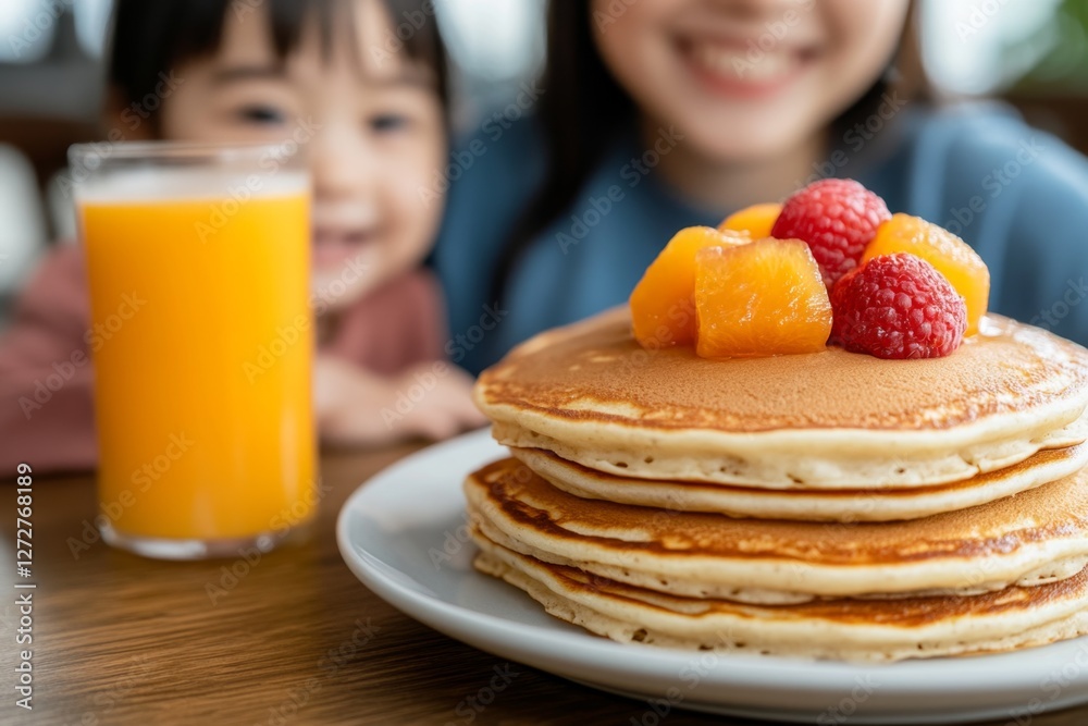 A family enjoying a high-carb homemade breakfast, featuring pancakes, fruit, and oatmeal A family enjoying a high-carb homemade breakfast, featuring pancakes, fruit, and oatmeal