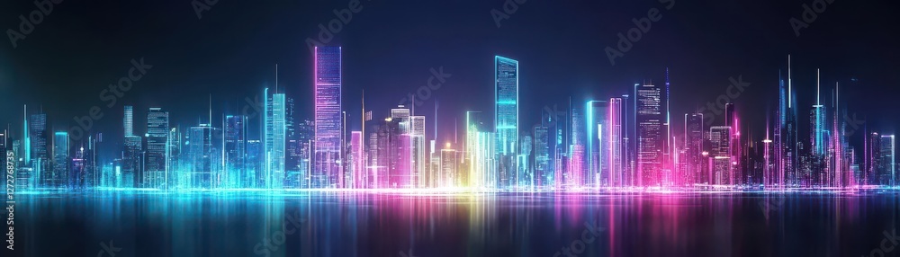 Colorful Neon Cityscape Skyline with Water Reflection at Night in Panorama Format