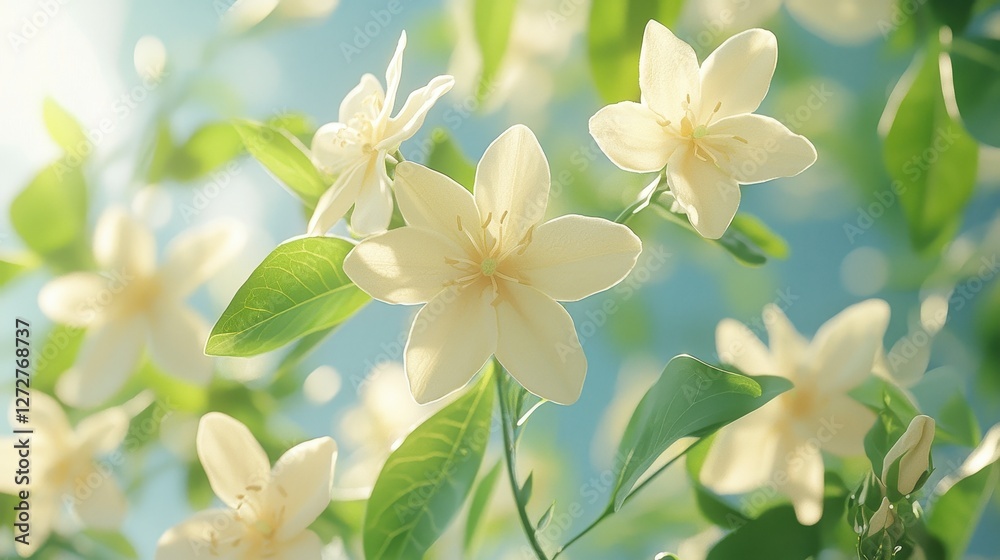 Fototapeta premium Spring Delicate white flowers with green leaves