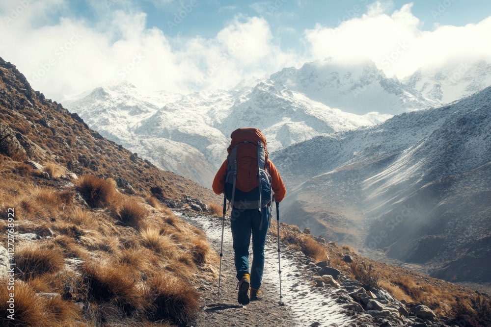 Obraz premium Hiker Exploring Rugged Mountain Trail in Scenic Snowy Landscape