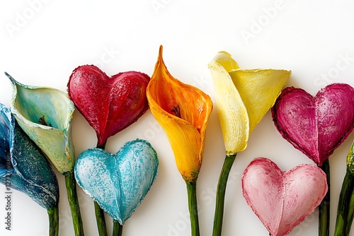 Artistic Women's Day poster with painted hearts and artistic calla lilies on a gallery white background.